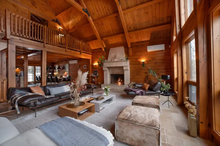 The limestone fireplace brings coziness when it's colder outside. The radiant floor heat is perfect for warming your feet in winter.