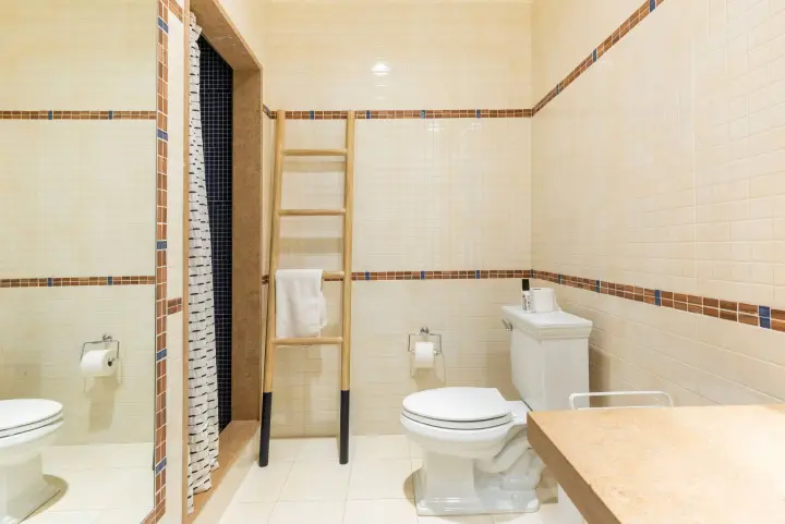 The lower level bathroom with shower and a full length mirror.