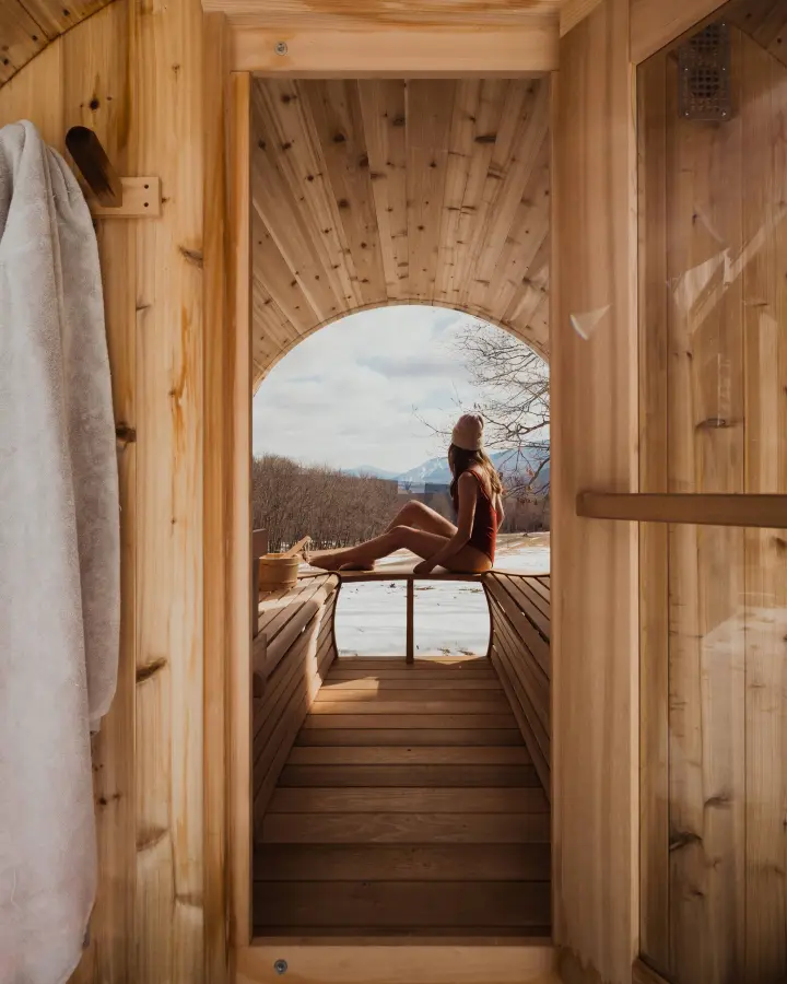 Admiring the ski slopes from the sauna.